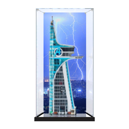 Acrylic Display Case for LEGO 76269 Avengers Tower, with Themed Printed Background & Dustproof Box