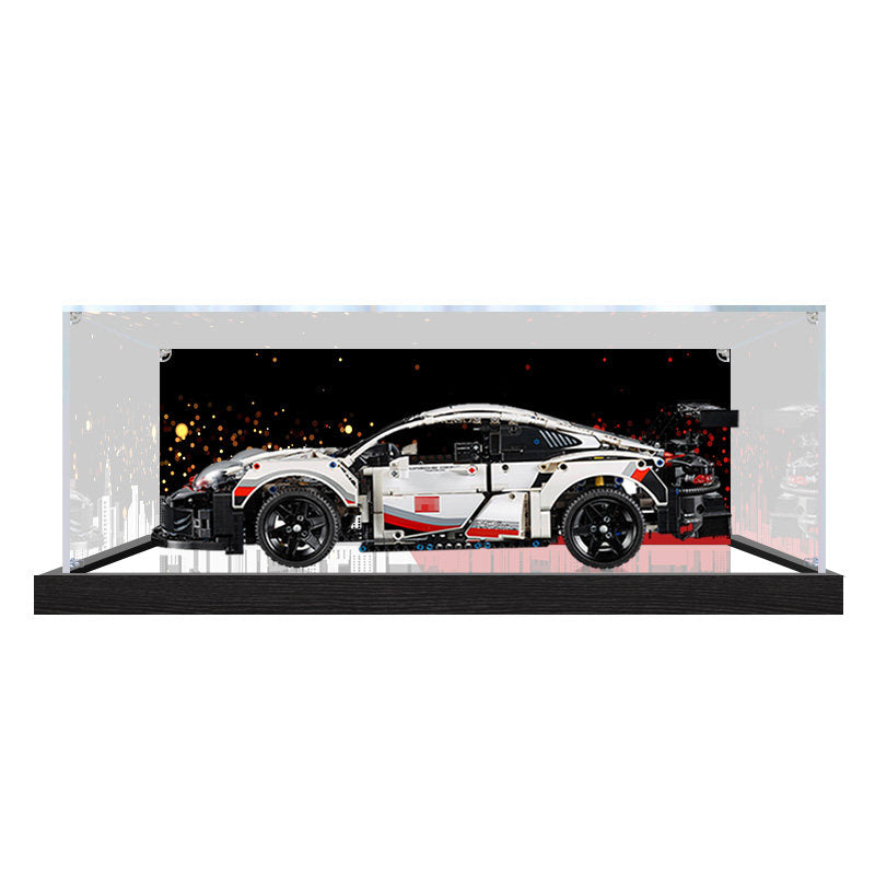 Professional Acrylic Display Case for LEGO 42096 Porsche 911 RSR, with Themed UV Printing Background & Dustproof Box