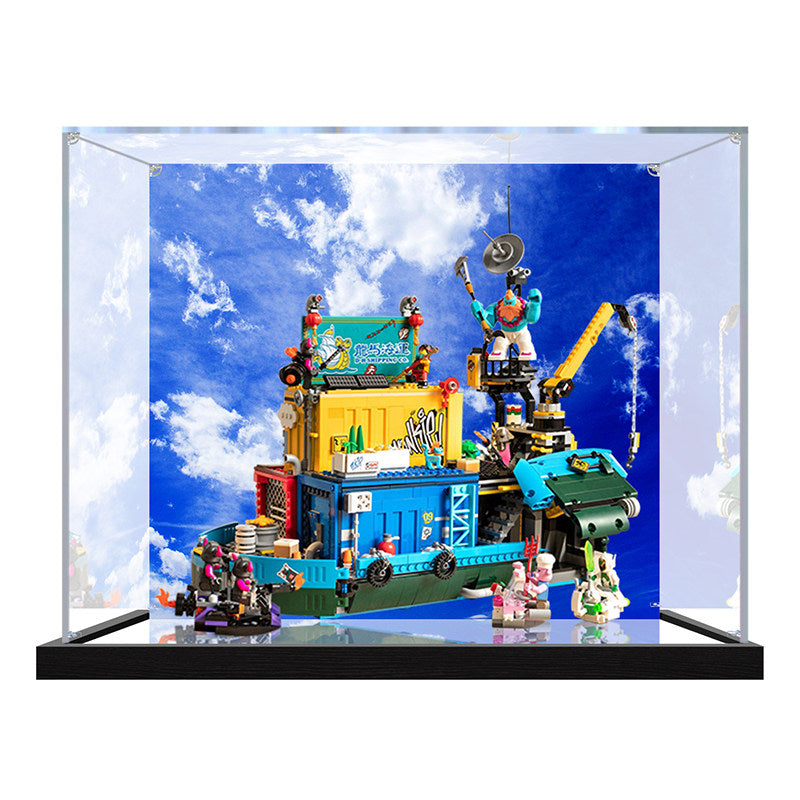 LEGO 80013 Quartel Secreto da Equipe do Monkie Kid - Caixa de Exibição de Acrílico Espelhado com Luz de Anel e Fundo Impresso em UV - Vitrine à Prova de Poeira