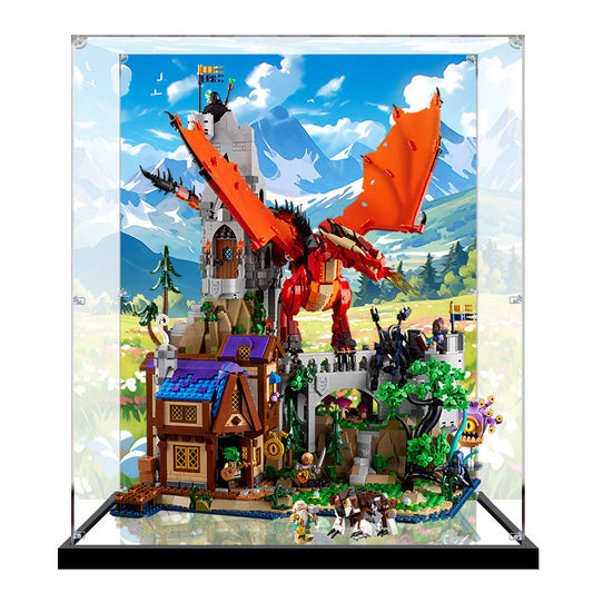 Acrylic Display Case for LEGO 21348 Dungeons & Dragons: Red Dragon's Tale, with Themed Printed Background & Dustproof Box