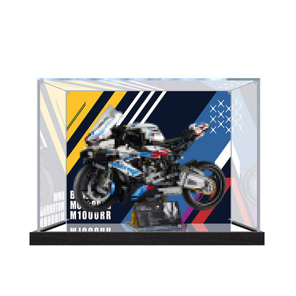 Acrylic Display Case for LEGO 42130 BMW M 1000 RR, with Themed Printed Background & Dustproof Box