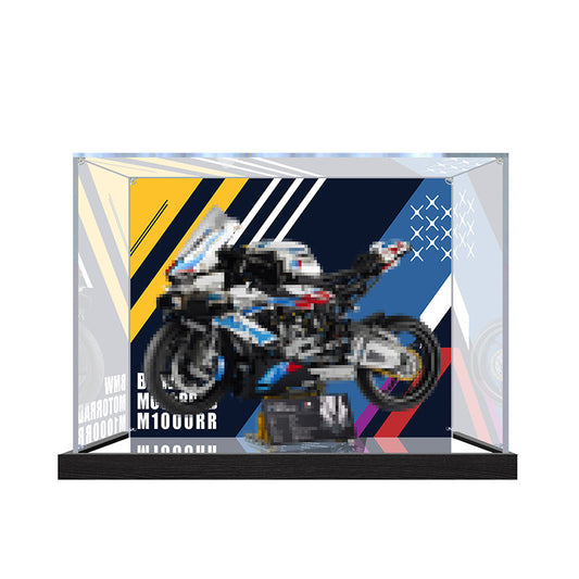 Acrylic Display Case for LEGO 42130 BMW M 1000 RR, with Themed Printed Background & Dustproof Box
