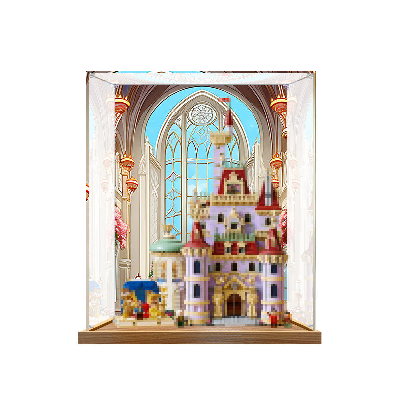 LEGO 43263 Beauty and the Beast Castle Mirror Acrylic Display Case with Ring Light & UV-Printed Background - Dustproof Showcase