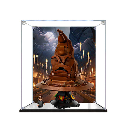 Acrylic Display Case for LEGO 76429 Talking Sorting Hat, with Themed Printed Background & Dustproof Box