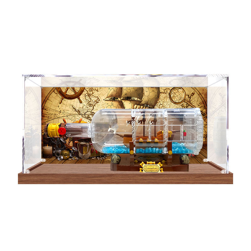 Professional Acrylic Display Case for LEGO 21313 Ship in a Bottle, with Themed UV Printing Background & Dustproof Box