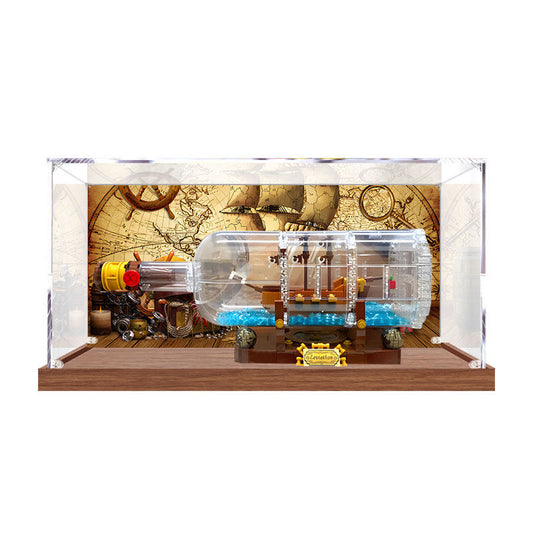 Professional Acrylic Display Case for LEGO 21313 Ship in a Bottle, with Themed UV Printing Background & Dustproof Box