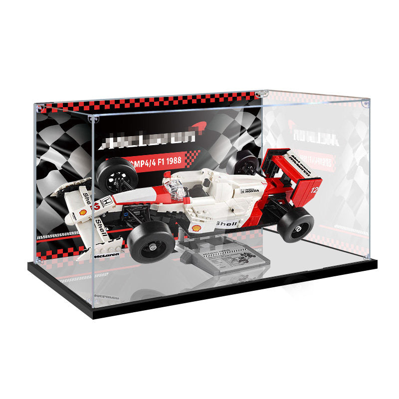 Acrylic Display Case for LEGO 10330 McLaren MP4/4 & Ayrton Senna, with Themed Printed Background & Dustproof Box