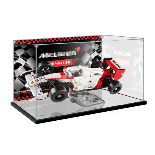 Acrylic Display Case for LEGO 10330 McLaren MP4/4 & Ayrton Senna, with Themed Printed Background & Dustproof Box