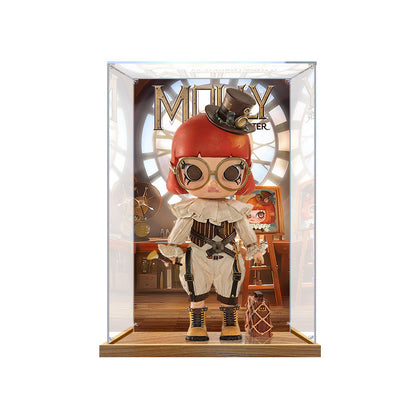 Pop Mart Molly Mirror Acrylic Display Case with Ring Light & UV-Printed Background - Dustproof Showcase