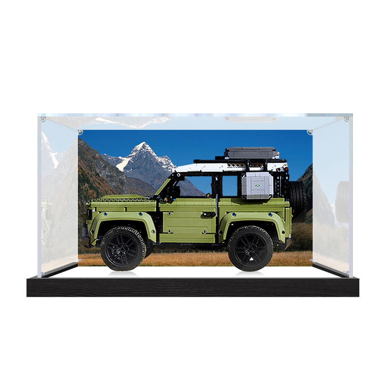 Professional Acrylic Display Case for LEGO 42110 Land Rover Defender, with Themed UV Printing Background & Dustproof Box