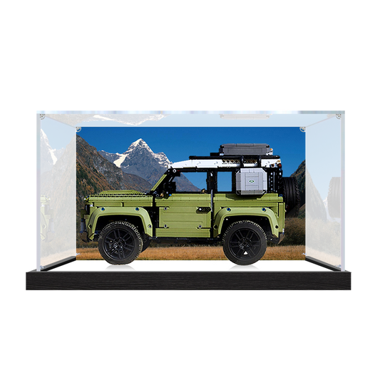 Professional Acrylic Display Case for LEGO 42110 Land Rover Defender, with Themed UV Printing Background & Dustproof Box