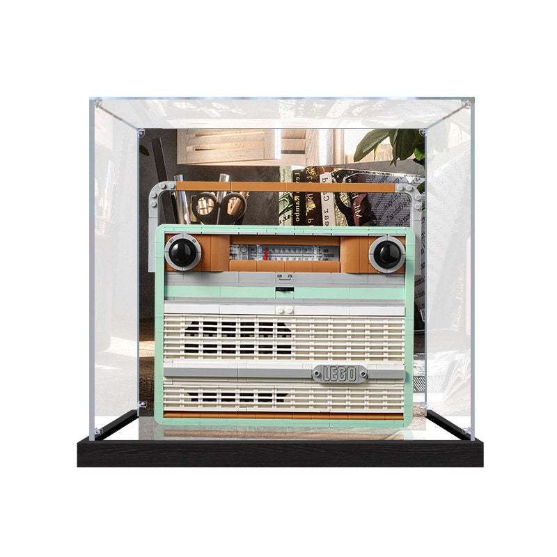 Acrylic Display Case for LEGO 10334 Retro Radio, with Themed Printed Background & Dustproof Box