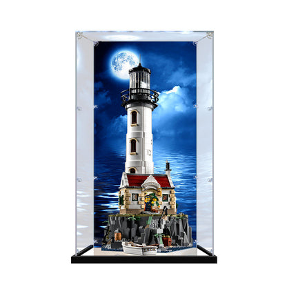 Professional Acrylic Display Case for LEGO 21335 Motorized Lighthouse, with Themed UV Printing Background & Dustproof Box