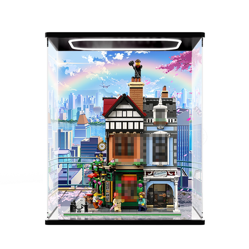 LEGO 10350 Mirror Acrylic Display Case with Ring Light & UV-Printed Background - Dustproof Showcase