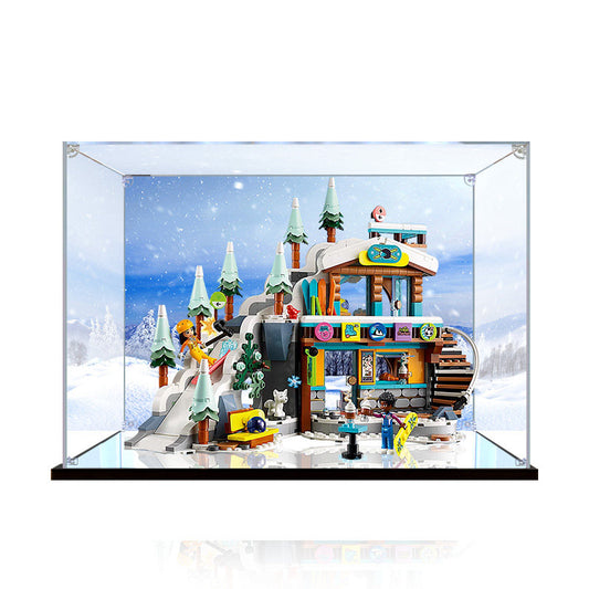 Acrylic Display Case for LEGO 41756 Holiday Ski Slope and Café, with Themed Printed Background & Dustproof Box