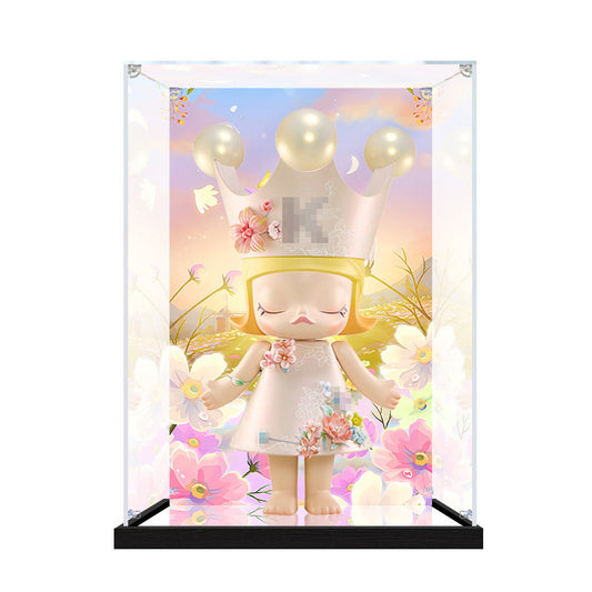 Suitable for Pop Mart Molly Flower Display Case – Showcase with UV-Printed Background & Mirror Base