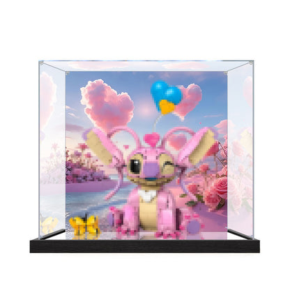 Pop Mart Stitch Romantic Series Mirror Acrylic Display Case with Ring Light & UV-Printed Background - Dustproof Showcase