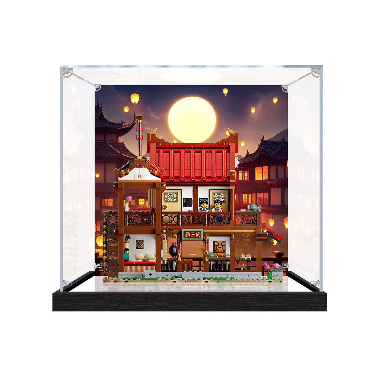 Acrylic Display Case for LEGO 80121 Ancient Moon-Gazing Inn Model, with Themed Printed Background & Dustproof Box