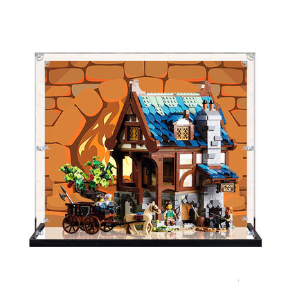 Acrylic Display Case for LEGO 21325 Medieval Blacksmith, with Themed Printed Background & Dustproof Box