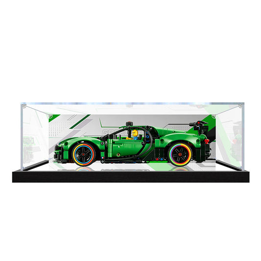 Acrylic Display Case for LEGO 42241 Technic Green Bugatti Chiron Pur Sport Hypercar Model, with Themed Printed Background & Dustproof Box