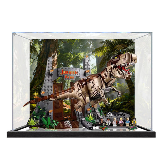 Acrylic Display Case for LEGO 75936 Jurassic Park: T. rex Rampage, with Themed Printed Background & Dustproof Box