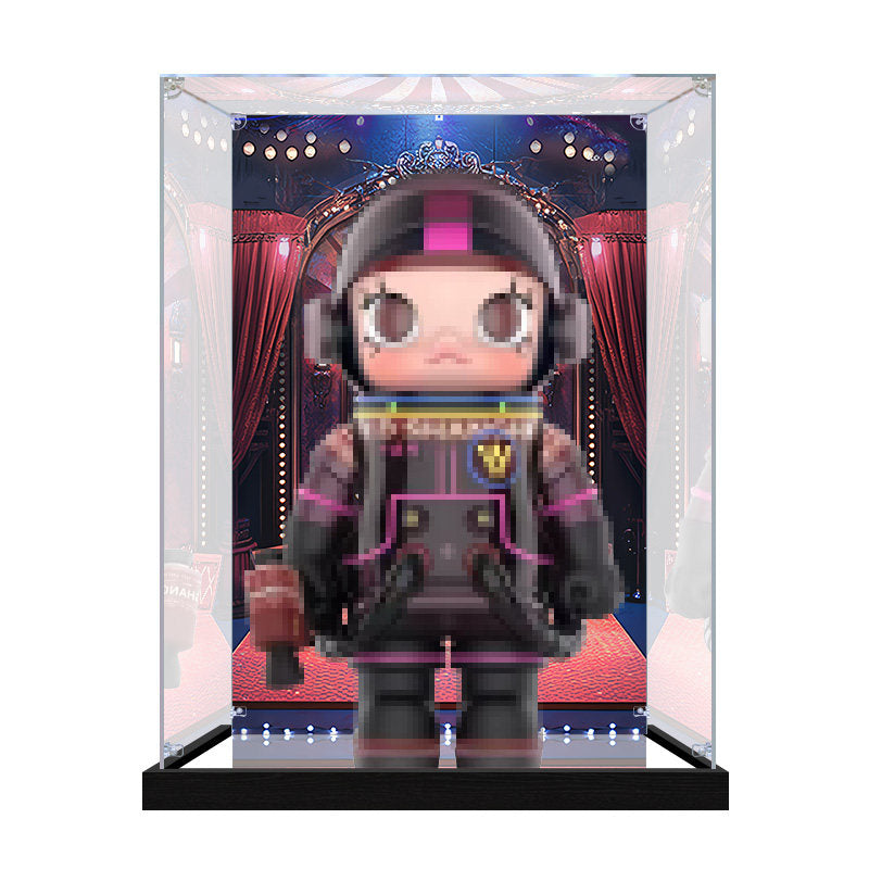 Pop Mart Molly Pixel Stage Series Mirror Acrylic Display Case with Ring Light & UV-Printed Background - Dustproof Showcase