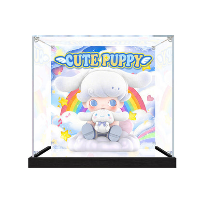 Suitable for Pop Mart Cute Puppy Display Case – Showcase with UV-Printed Background & Mirror Base