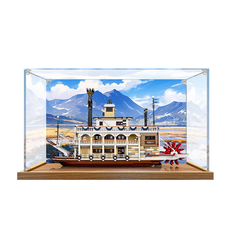 LEGO 21356 River Steamboat Spiegel-Acryl-Vitrine mit Ringlicht & UV-bedrucktem Hintergrund - Staubdichte Vitrine