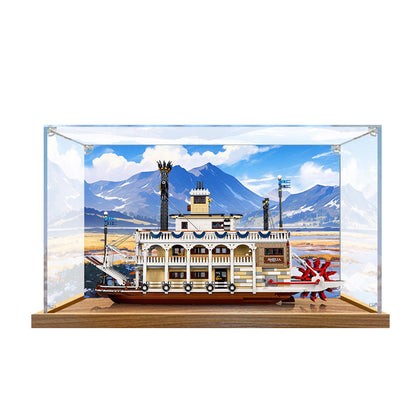 LEGO 21356 River Steamboat Spiegel-Acryl-Vitrine mit Ringlicht & UV-bedrucktem Hintergrund - Staubdichte Vitrine