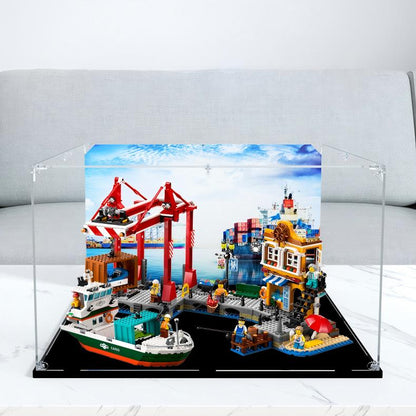 Professional Acrylic Display Case for LEGO 60422 Seaside Harbor with Cargo Ship, with Themed UV Printing Background & Dustproof Box