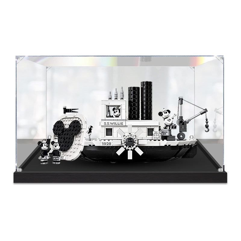 Professional Acrylic Display Case for LEGO 21317 Steamboat Willie, with Themed UV Printing Background & Dustproof Box