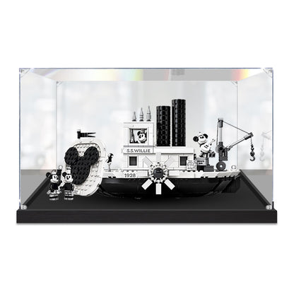 Professional Acrylic Display Case for LEGO 21317 Steamboat Willie, with Themed UV Printing Background & Dustproof Box