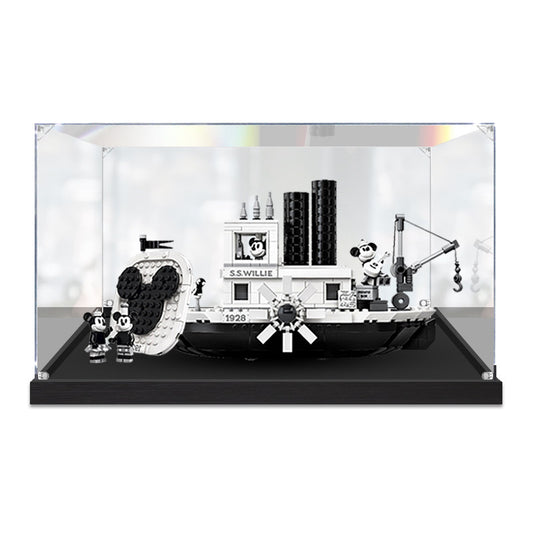 Professional Acrylic Display Case for LEGO 21317 Steamboat Willie, with Themed UV Printing Background & Dustproof Box