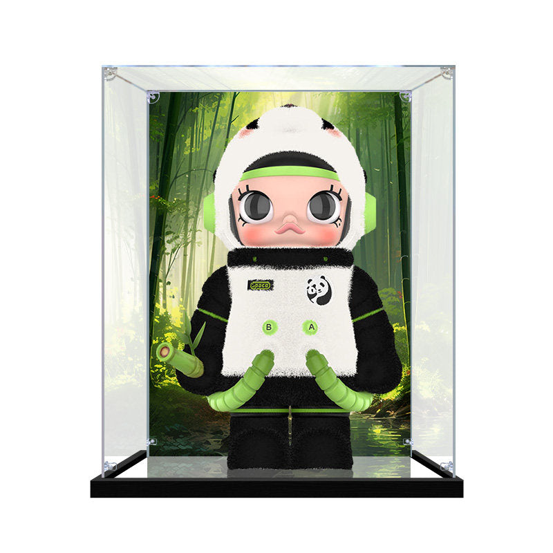 Suitable for Pop Mart Mega Space Molly Panda Display Case – Showcase with UV-Printed Background & Mirror Base