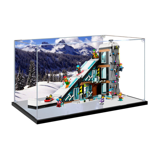Acrylic Display Case for LEGO 60366 Ski and Climbing Center, with Themed Printed Background & Dustproof Box