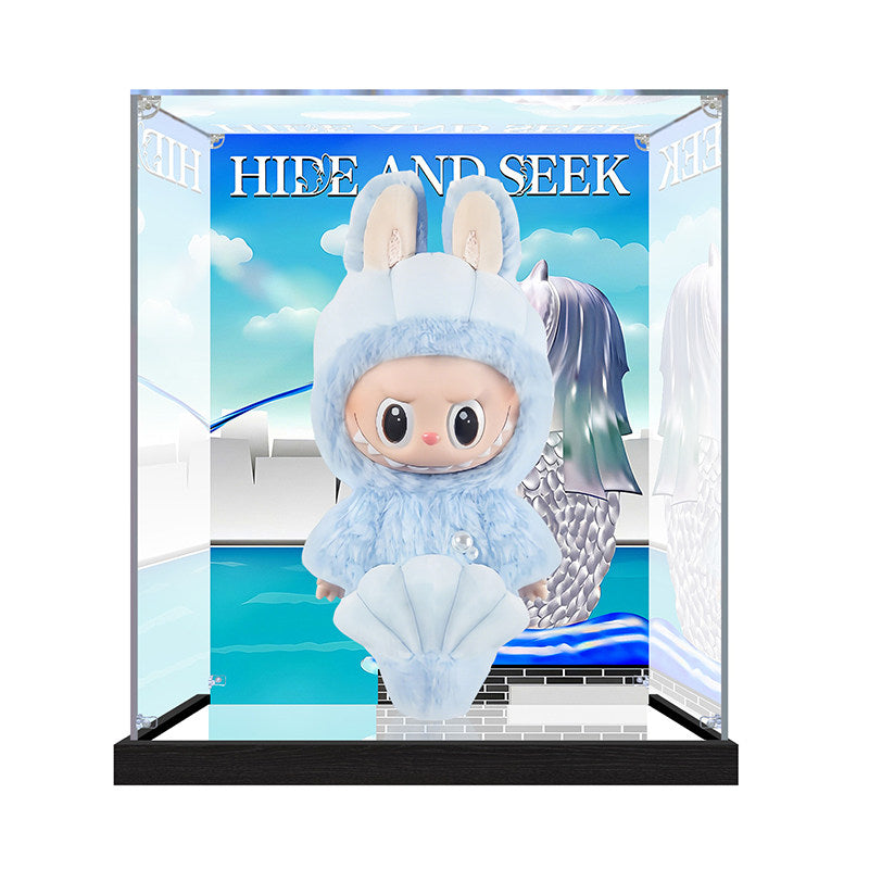 Suitable for Pop Mart Labubu Hide and Seek Display Case – Showcase with UV-Printed Background & Mirror Base