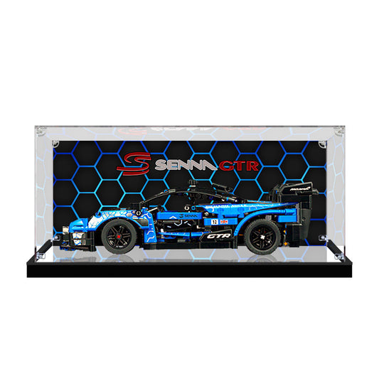 Professional Acrylic Display Case for LEGO 42123 McLaren Senna GTR, with Themed UV Printing Background & Dustproof Box