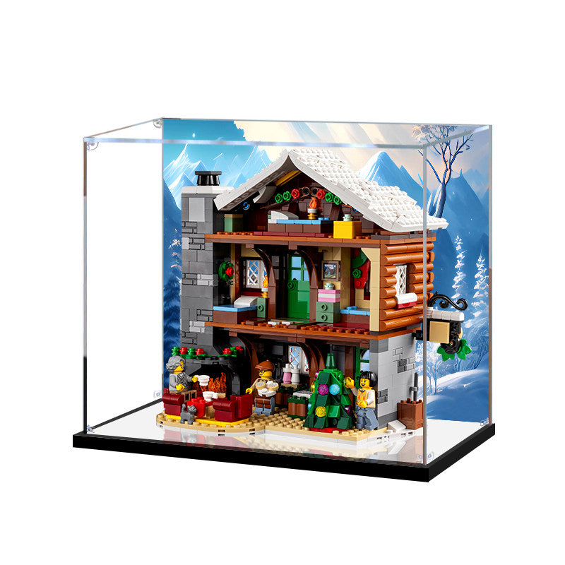 Acrylic Display Case for LEGO 10325 Alpine Lodge, with Themed Printed Background & Dustproof Box