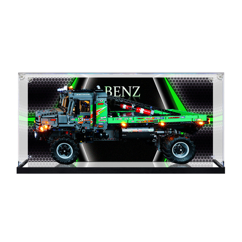 LEGO 42129 4x4 Mercedes-Benz Zetros Trial Truck Mirror Acrylic Display Case with Ring Light & UV-Printed Background - Dustproof Showcase