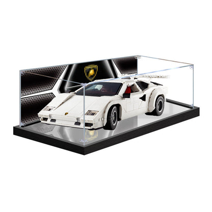 Professional Acrylic Display Case for LEGO 10337 Lamborghini Countach 5000, with Themed UV Printing Background & Dustproof Box