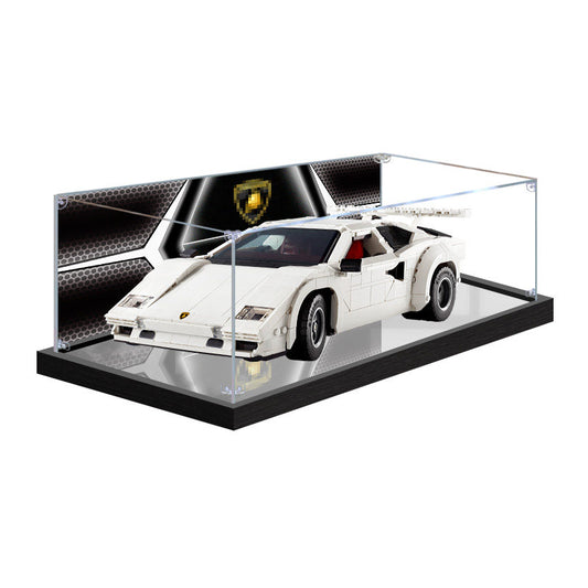 Professional Acrylic Display Case for LEGO 10337 Lamborghini Countach 5000, with Themed UV Printing Background & Dustproof Box