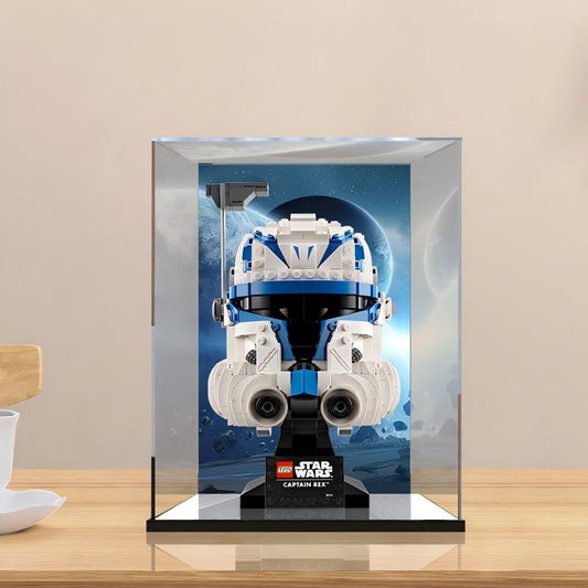 Acrylic Display Case for LEGO 75349 Captain Rex Helmet, with Themed Printed Background & Dustproof Box