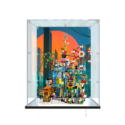 Acrylic Display Case for LEGO 80054 Megapolis City 5th Anniversary, with Themed Printed Background & Dustproof Box