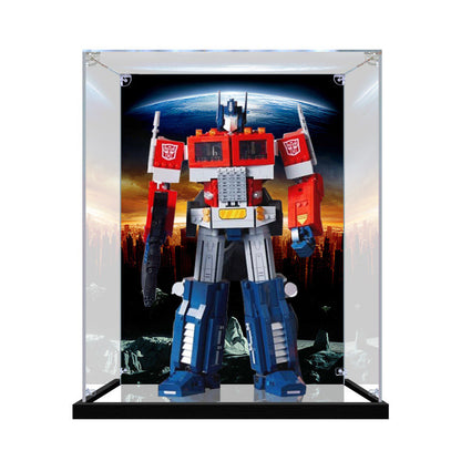 Acrylic Display Case for LEGO 10302 Optimus Prime, with Themed Printed Background & Dustproof Box