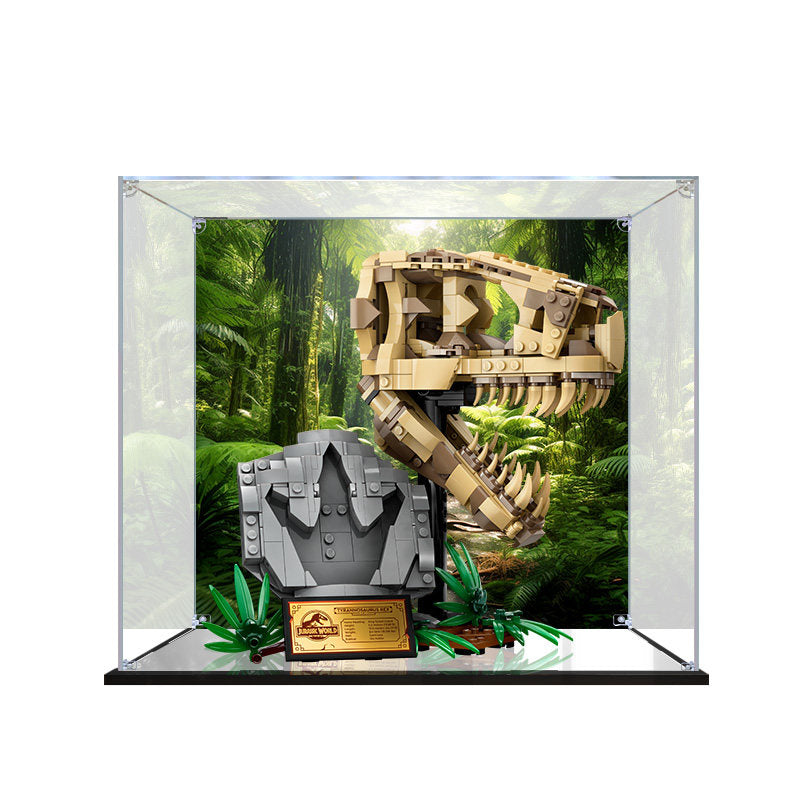 Acrylic Display Case for LEGO 76964 Dinosaur Fossils: T. rex Skull, with Themed Printed Background & Dustproof Box