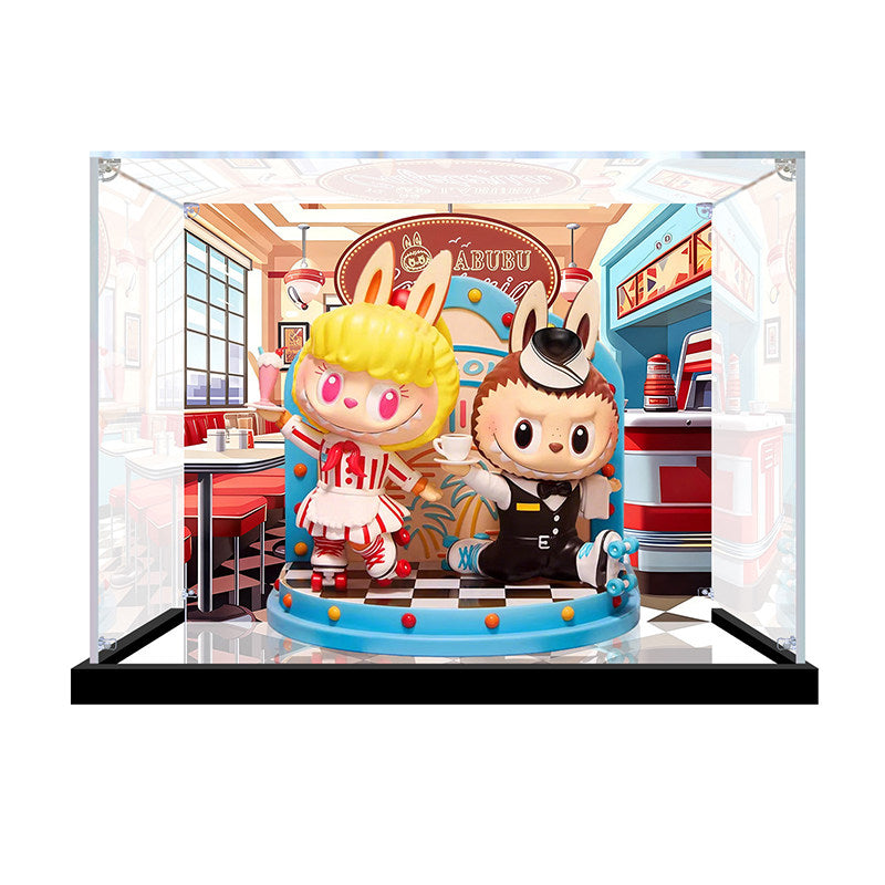 Suitable for Pop Mart THE MONSTERS LABUBU Diner Display Case – Showcase with UV-Printed Background & Mirror Base