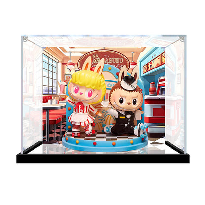 Suitable for Pop Mart THE MONSTERS LABUBU Diner Display Case – Showcase with UV-Printed Background & Mirror Base