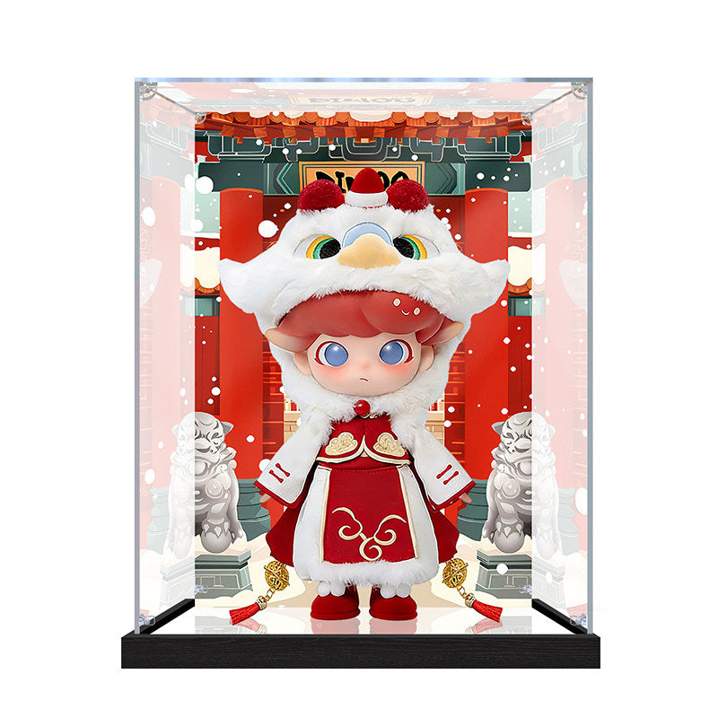Suitable for Pop Mart Dimoo Lion Dance Display Case – Showcase with UV-Printed Background & Mirror Base