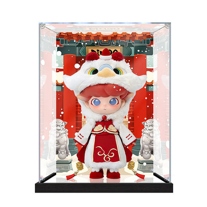 Suitable for Pop Mart Dimoo Lion Dance Display Case – Showcase with UV-Printed Background & Mirror Base