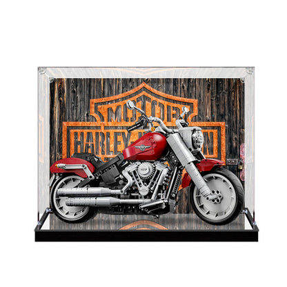 Acrylic Display Case for LEGO 10269 Harley-Davidson Fat Boy, with Themed Printed Background & Dustproof Box